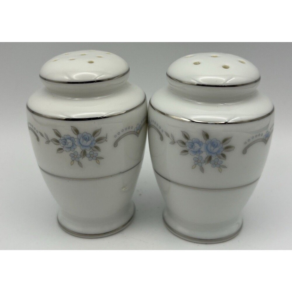Style House Salt & Peppers Shakers Anniversary Pattern Blue Roses Silver trim